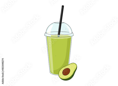 A realistic vector illustration depicts a kiwi smoothie in a clear plastic cup with a lid and straw against a white background