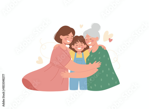 Grandmother, mother, and daughter-child embrace, depicting a multigenerational female family; the happy grandma, mom, girl, and grandkid together in a flat vector illustration on a white background