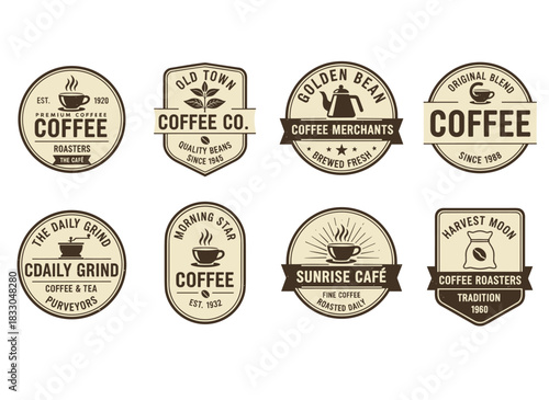 A collection of coffee labels featuring various logos, badges, and emblems on a white background, rendered in black and white illustrations