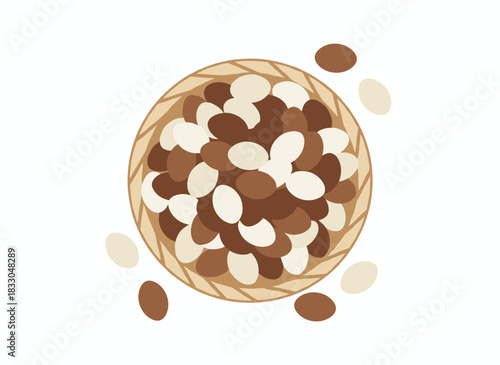 A basket of mushrooms: forest fungi gathered during the autumn harvest, including boletus and porcini, depicted as a flat graphic vector illustration on a white background