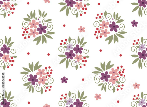 A seamless botanical pattern featuring fresh red goji berries and purple flowers on a white background, celebrating healthy organic superfood, rendered as a natural vector illustration for textiles