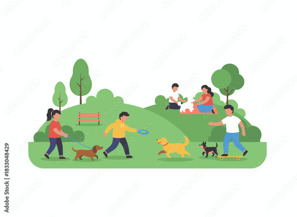 Fototapeta premium Individuals strolling alongside dogs, with pet owners guiding adorable puppies on leashes, featuring characters accompanied by pups, men, women, friends, and couples walking with doggies in a flat