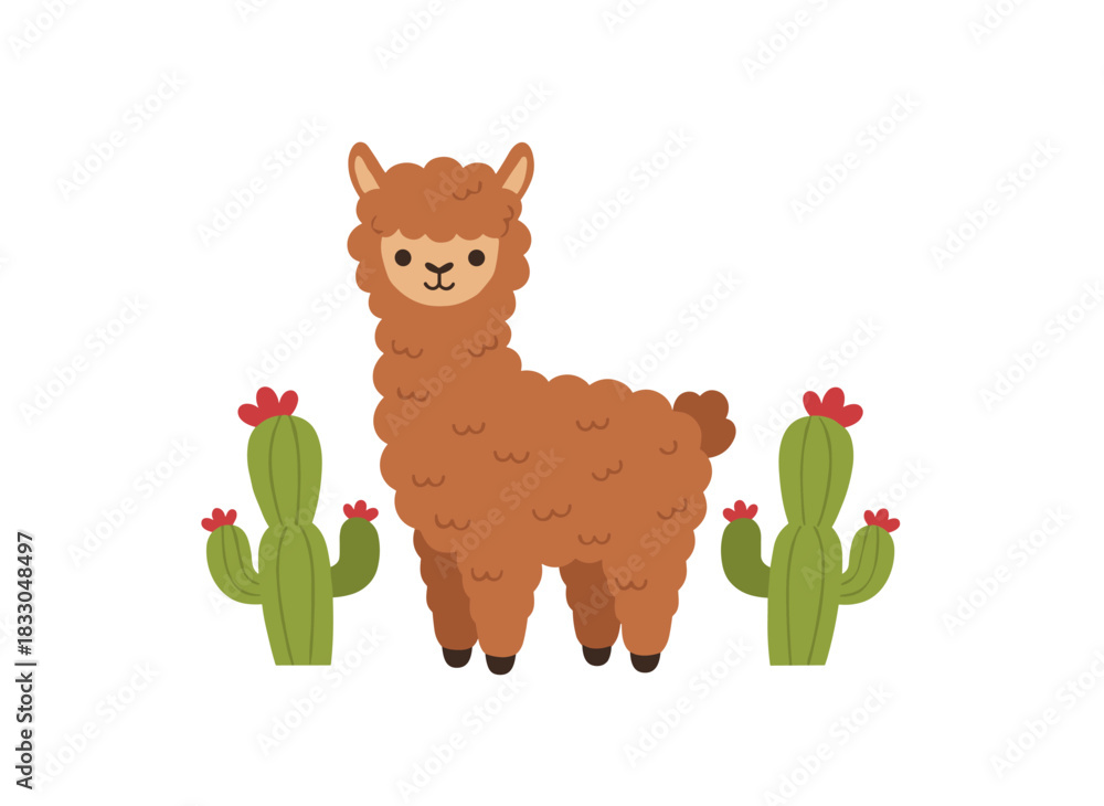Fototapeta premium Adorable llama or young llama shown alone against a white backdrop, depicted as a wild South American creature grazing among succulents, representing Andean farm animals, rendered in a bright flat