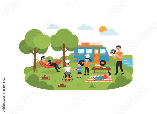 A flat vector illustration depicts tourists relaxing at a campsite, traveling in a trailer or camper van, cooking and eating outdoors, chatting while lying in hammocks, as a man and woman enjoy their
