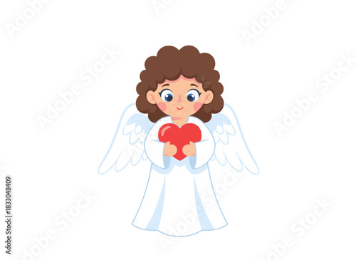 Adorable joyful angel with wings clutching a heart, a serene little girl spreading love, hope, and peace; a charity-themed colored flat vector illustration of a child spirit set against a white