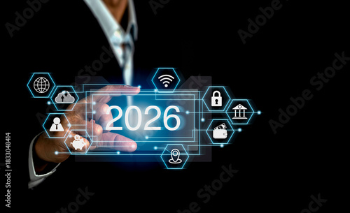 Business professional presenting multiple business-related icons including banking, healthcare, Wi-Fi, global, location, savings, security lock, and cloud.