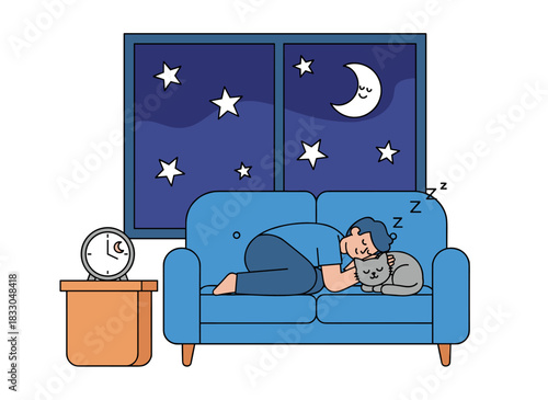 A cute hand‑drawn doodle illustration of a cat that wakes its owner by meowing at night