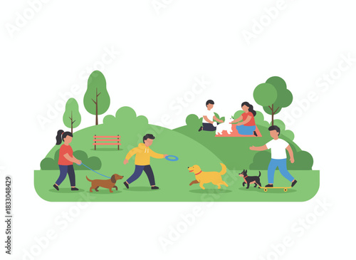 Individuals strolling alongside dogs, with pet owners guiding adorable puppies on leashes, featuring characters accompanied by pups, men, women, friends, and couples walking with doggies in a flat