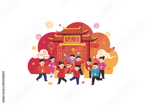 New Year’s greetings in Chinese, translated text for a greeting card design, celebrating an Asian festival with a square postcard background and a traditional Chinese celebration illustrated in flat