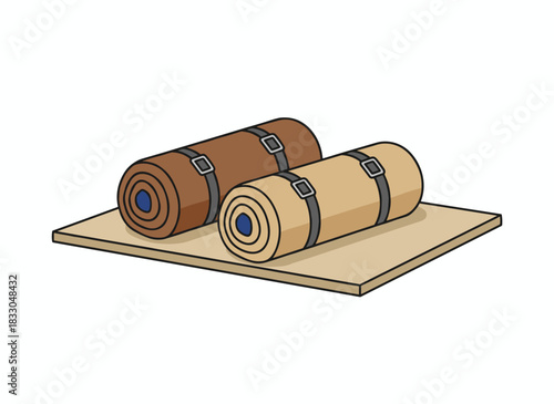 Sleeping bag, mat, tent, adventure accessories, gears rolled up in packages; camping and hiking supplies, travel essentials; flat vector illustration isolated on a white background