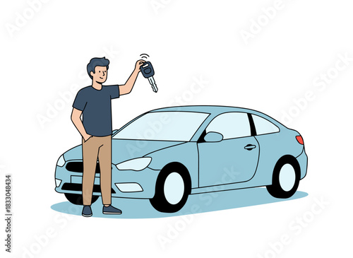 A smiling male holding car keys after buying a new vehicle, with an auto dealer, seller, or salesman beside the car, depicted as a transport owner in a flat vector illustration on a white background
