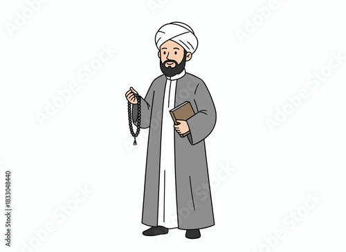 A male cartoon mullah in traditional garb and turban, clutching a Quran and prayer beads, stands alone against a white backdrop in an illustration