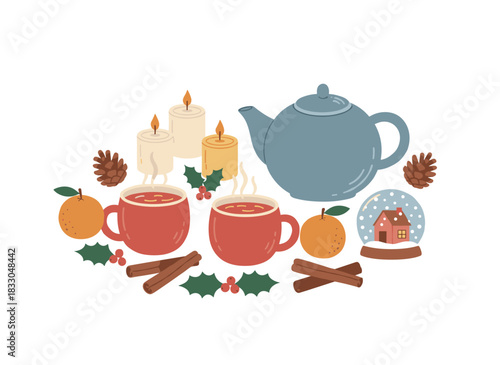 Illustration of festive Christmas decorations, featuring cozy winter holiday décor, hygge-inspired elements, ornaments, candles, a snow globe, a cacao mug, and tangerines, presented as a flat vector