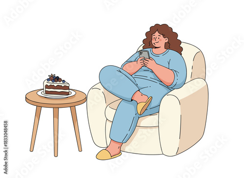 A woman indulging in a sugary cake while holding a phone, depicting an overconsumption of sweet treats and pastries, illustrating the concept of gluttony in a flat vector graphic set against a white