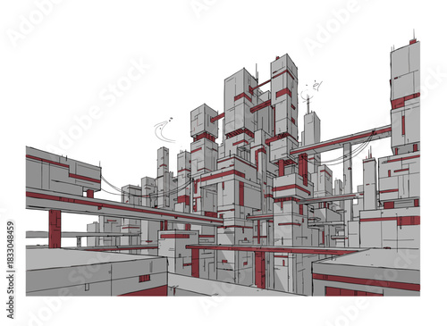 A cyberpunk metropolis with marvelous architecture, towering skyscrapers set against a crimson and burgundy sky, rendered in a vibrant hand‑drawn illustration