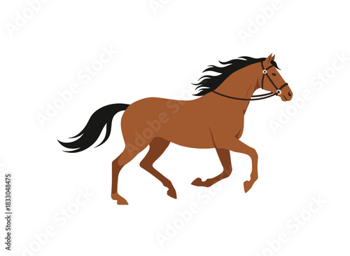 A flat vector illustration of a thoroughbred stallion trotting gracefully, a mare in motion, and a rural horse posed in movement, set against a white background