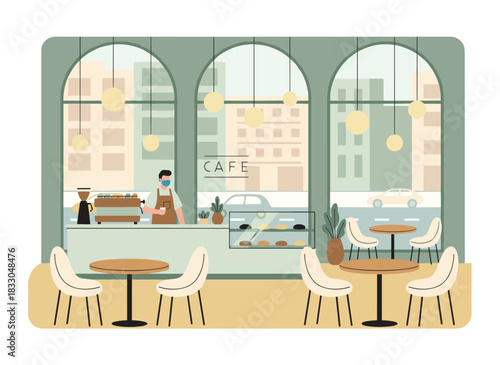 A colored flat vector illustration of a modern coffeehouse interior shows an empty, cozy city cafeteria with a barista at the counter, a window, tables, and chairs