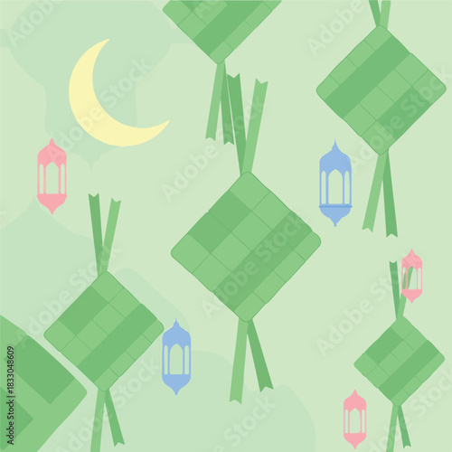 Illustration of green ketupat and colorful lanterns with a crescent moon on a light green background, in a pattern design.