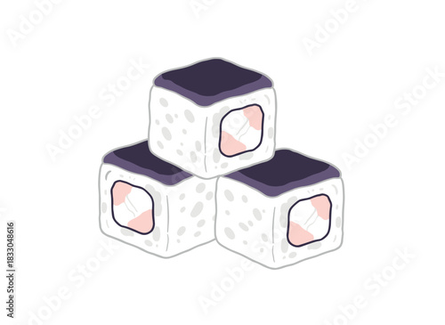 A set of Japan rolls, including uramaki sushi, featuring rice, salmon, and nori, depicted in a line‑art drawing of a flat, outlined vector illustration on a white background