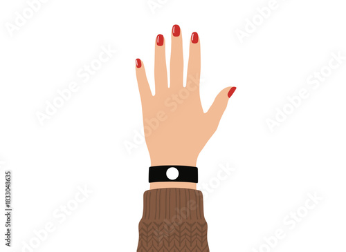 A woman's hand is raised, viewed from the back, with a raised arm adorned with accessories, a ring on the little finger, and watches, including a wristwatch and pinky jewelry, depicted as a flat