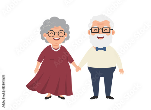 A stylish senior couple, a gentleman and lady in formal attire standing side by side, depicted as cartoon characters in a bright vector illustration