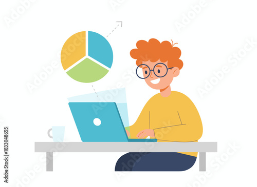 A boy student uses a laptop for data analysis and coding, while a school child studies programming and information technology online, all depicted in a flat vector illustration on a white background