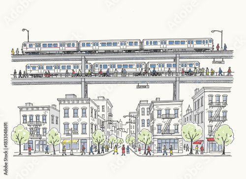 Hand‑drawn monochrome top‑down sketch of a railway station with platforms and passengers