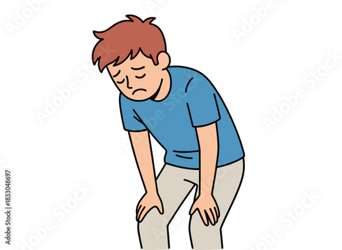 A sorrowful, embarrassed man with a shy expression feels awkward, uncomfortable, and guilty, apologizing, depicted as a flat vector illustration on a white background