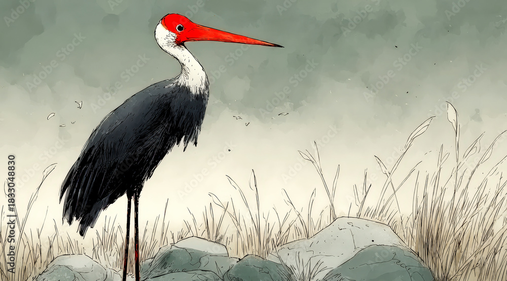 Naklejka premium A beautiful crane standing in a natural grassy area