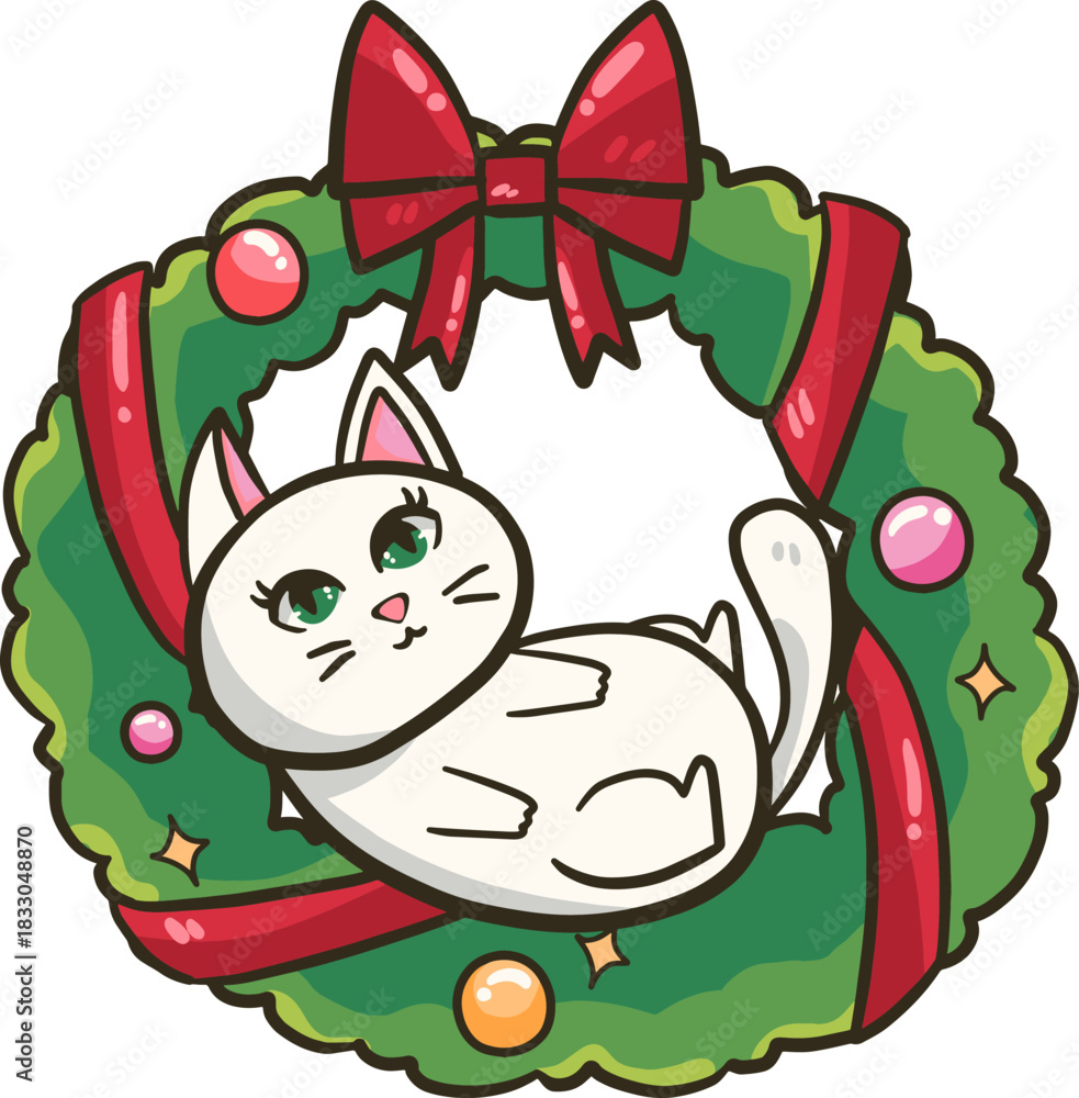 Naklejka premium christmas cat and wreath