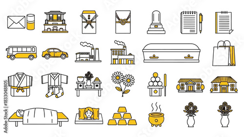 Collection of Funeral Icons and Symbols in Outline Style