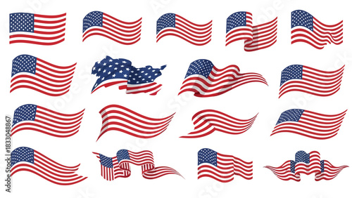 Collection of Waving American Flags Illustration Vectors
