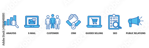 Inbound marketing banner web icon set In Blue Style vector illustration foricon of analysis, email, customer, crm, guided selling, seo and public relations