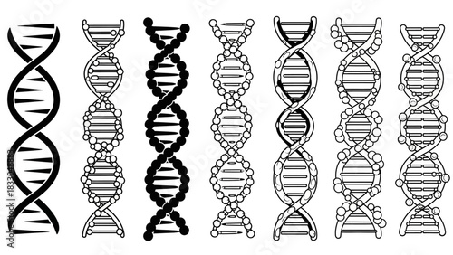 Varied collection of DNA double helix illustrations, presented in black and white, showcasing different structural representations of genetic material, ideal for scientific and biotechnology designs
