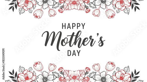 Elegant Mother's Day greeting card with decorative floral borders featuring red and grey line art flowers on a white background.
