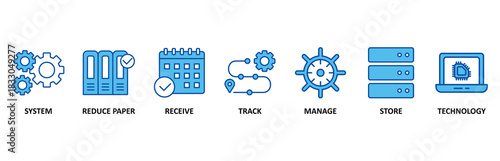 Document management banner web icon set In Blue Style vector illustration foricon of system, reduce paper, receive, track, manage, store, cloud and technology