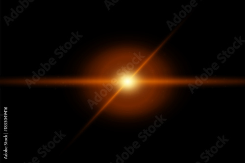 Orange and red-orange lens flare with bright center and glowing halo on black background. Light rays create warm, vibrant, and dynamic effect. Perfect for technology and modern designs.