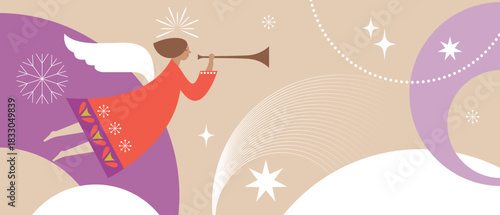 Christmas card. Christmas Angel with Horn . Christmas Angel Blowing Trumpet . Greeting card. Horizontal Merry Christmas card, banner and poster design.	
