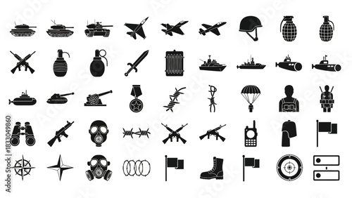 Set of monochrome military icons, a comprehensive collection of army equipment, warfare symbols, and soldier silhouettes in a vector illustration format