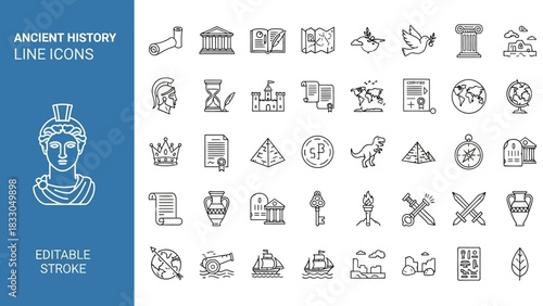 Ancient History Line Icons Antiquity, Culture, and Historical Symbols Set