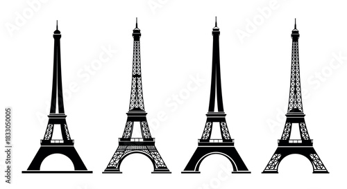 Four different black silhouette variations of the iconic Parisian Eiffel Tower structure, a famous French landmark vector illustration design perfect for travel, architecture, and monument concepts.