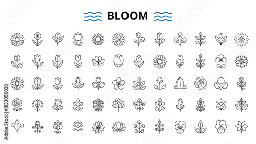 Collection of Simple Bloom Icons Flowers, Blossoms, and Floral Line Art Designs