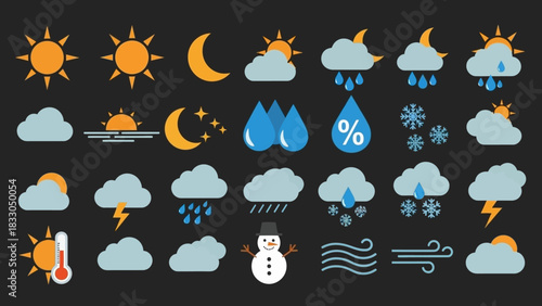 Diverse Weather Condition Icons Sun, Moon, Clouds, Rain, Snow, and More