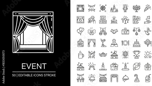 Event management and celebration thin line icon set, a comprehensive collection of party and festival vector symbols for graphic design projects