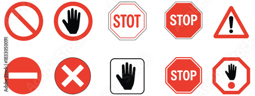 Red stop sign icons featuring hand gesture warnings, attention signals, prohibition marks, danger alerts, and essential road sign symbols, designed for clear visual communication.