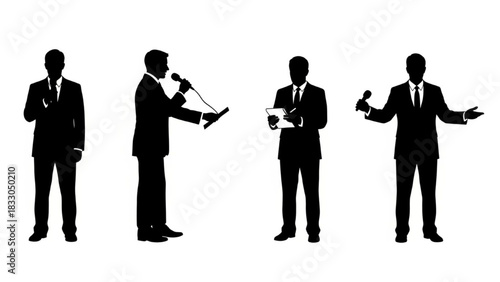 Journalist Silhouette Vector Set — Interviewing, Speaking, Recording Notes, Signing Off, Reporter Correspondent Illustration

