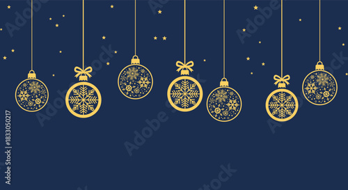Elegant gold Christmas baubles and snowflakes hanging on dark blue background, festive holiday illustration perfect for seasonal greeting cards, winter banners, invitations and New Year party designs.