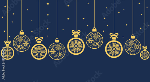 Elegant gold Christmas baubles and snowflakes hanging on dark blue background, festive holiday illustration perfect for seasonal greeting cards, winter banners, invitations and New Year party designs.