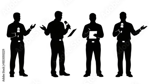 Journalist Silhouette Vector Set — Interviewing, Speaking, Recording Notes, Signing Off, Reporter Correspondent Illustration

