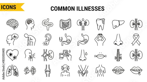 Common Illnesses Line Art Icons Brain, Intestine, Kidney, Tooth, and More
